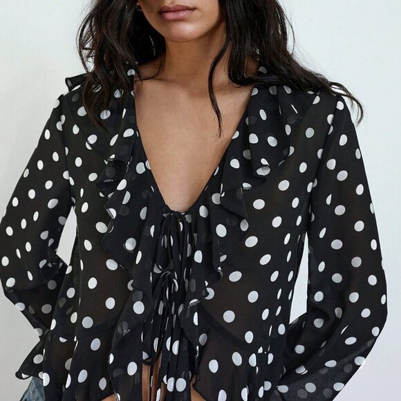 Black Women's Polka Dot Print Design Front Bow Tie Ruffle details blouse - Picture 5 of 11